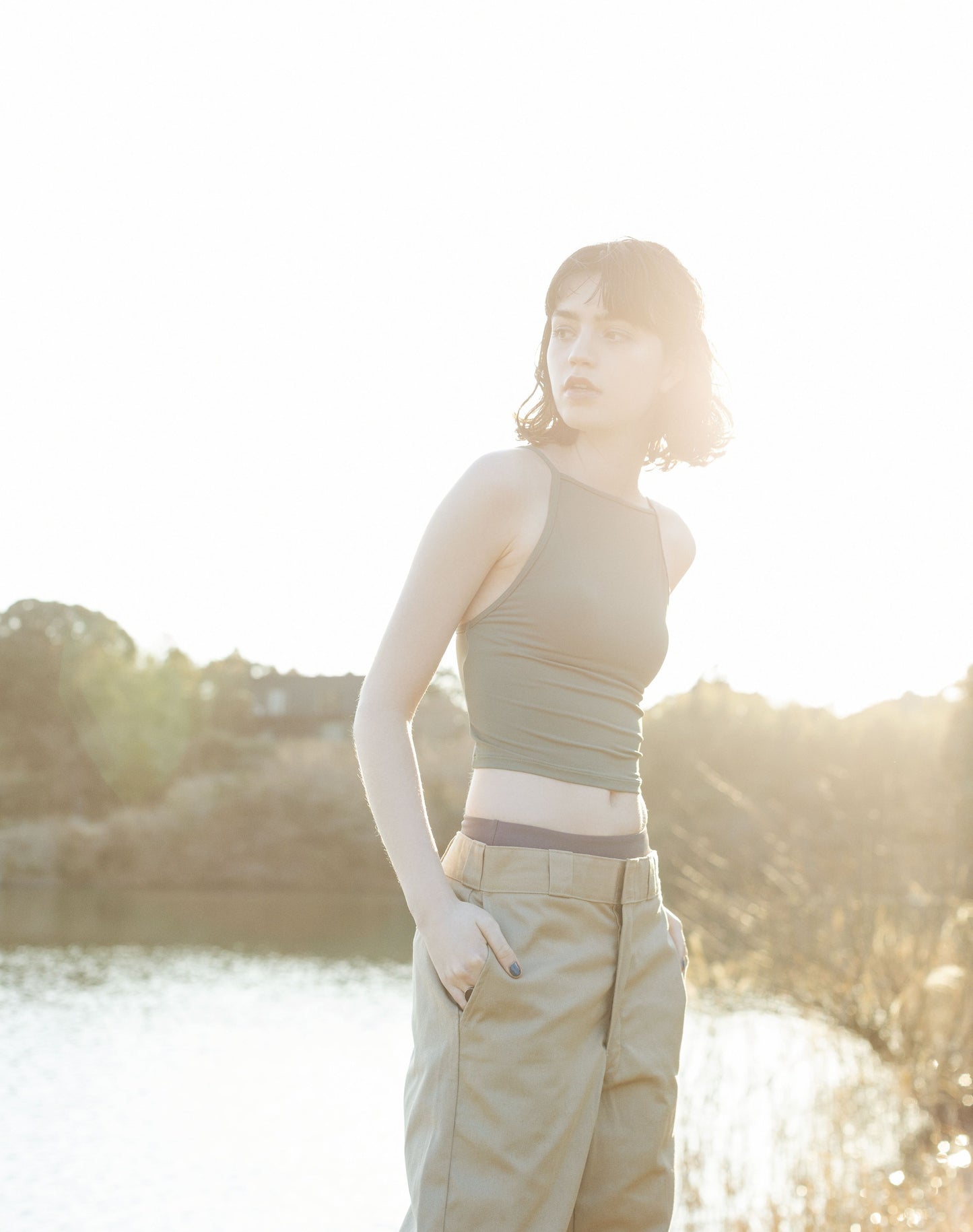 ♻High Neck Swim Tank 草色
